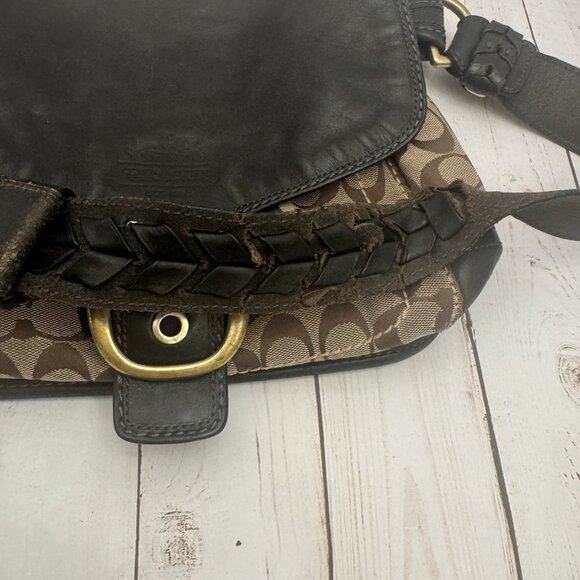 Coach Black Leather Bleeker Beige Canvas C’s Flap Shoulder Bag 11434 10” PROJECT - Picture 4 of 8